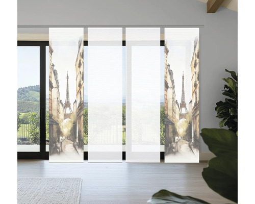 Raumansicht mit Schiebegardinen mit Paris-Motiv