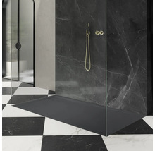 Espace douche avec receveur de douche, robinetterie de douche et paroi de douche devant un mur en marbre noir