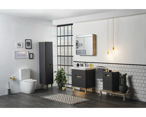 Modernes Badezimmer mit Waschtisch, Spiegelschrank, Hochschrank und Toilette