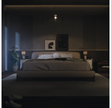 Schlafzimmer mit Bett, Nachttischen, Lampen und Dekorationen