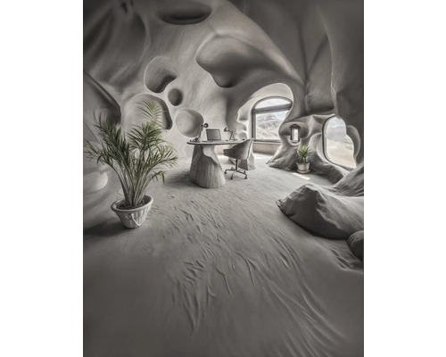 Helles Büro mit Schreibtisch, Bürostuhl und Zimmerpflanzen in einem Raum mit ungewöhnlicher Architektur