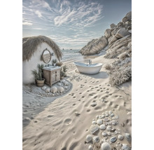 Strandszene mit Badewanne und Waschtisch unter freiem Himmel