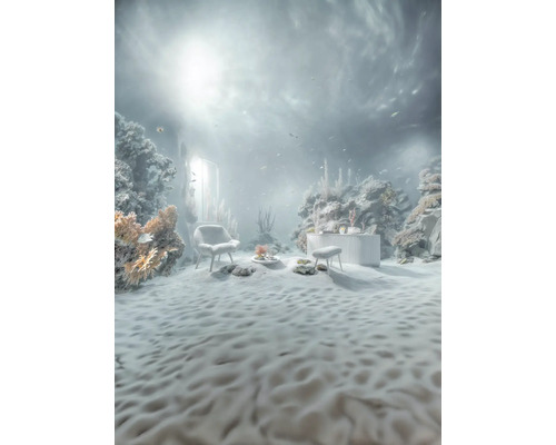 Scène sous-marine avec fauteuil, tabouret et commode entre les coraux