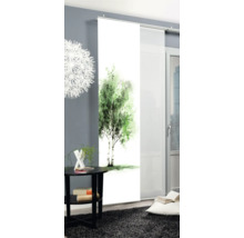 Zwei Schiebegardinen mit Birkenmotiv in einem modern eingerichteten Raum