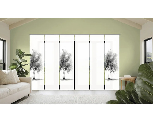 Wohnzimmer mit Schiebegardinen mit Baumdruck