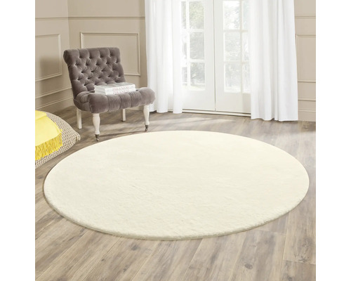 Tapis rond dans un salon avec fauteuil et lumière naturelle