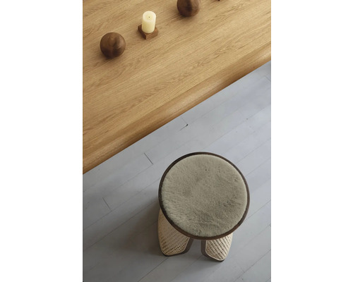 Vue de dessus d'un tabouret rond avec un revêtement en fourrure et une table en bois avec décoration