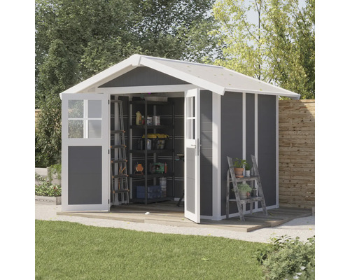 Abri de jardin avec double porte, étagères et échelle