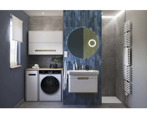 Salle de bains moderne avec machine à laver, lavabo et armoire de toilette