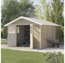 Abri de jardin avec portes ouvertes, tondeuse à gazon, brouette et outils de jardin