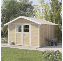 Abri de jardin en bois avec double porte et toit à deux pans dans le jardin