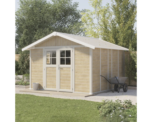 Abri de jardin en bois avec double porte et toit à deux pans dans le jardin