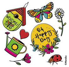 Illustration avec nichoir, papillon, fleur, coccinelle, cœur et arrosoir