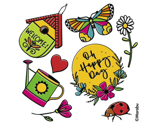 Illustration avec nichoir, papillon, fleur, coccinelle, cœur et arrosoir