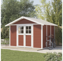 Abri de jardin en bois avec porte double et vélo