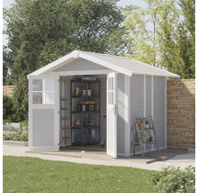 Abri de jardin avec portes doubles ouvertes, étagère et échelle pour ranger les outils de jardin