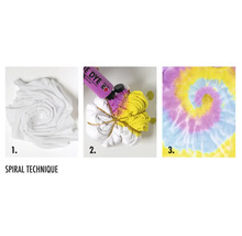 Anleitung zur Spiraltechnik beim Stofffärben: Stoff wird spiralförmig gebunden und gefärbt.