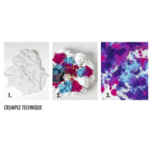 Anleitung zum Batiken mit der Knittertechnik: ein weisses Tuch, Gummibänder und Textilfarbe sowie das fertige Ergebnis