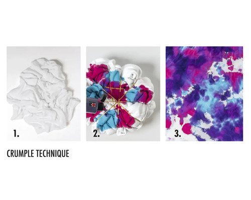 Anleitung zum Batiken mit der Knittertechnik: ein weisses Tuch, Gummibänder und Textilfarbe sowie das fertige Ergebnis