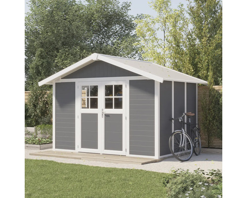 Gartenhaus mit Doppeltür und Fahrrad im Garten