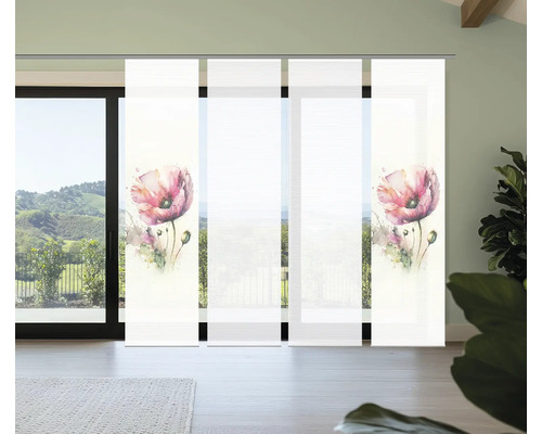 Panneau japonais avec motif de coquelicots devant une fenêtre