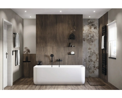 MIRAVA OSLO Steingut Dekorfliese walnut dark BxLxS 40x120x0.8 cm Modernes Badezimmer mit freistehender Badewanne, Holzelementen und floralen Akzenten