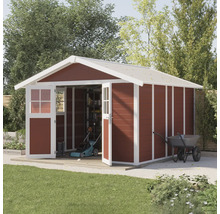 Abri de jardin avec portes doubles ouvertes dans le jardin