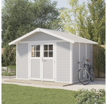 Abri de jardin avec double porte et vélo sur le côté