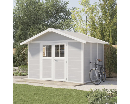 Gartenhaus mit Doppeltür und Fahrrad an der Seite