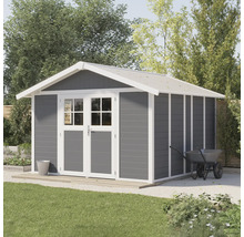 Abri de jardin avec double porte et toit à deux versants dans le jardin
