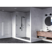 Salle de bain moderne avec douche, lavabo et radiateur