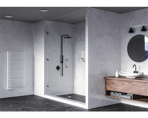 Salle de bain moderne avec douche, lavabo et radiateur