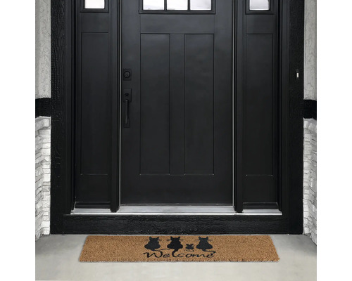 Paillasson devant une porte d'entrée avec un motif de chat et le mot Bienvenue
