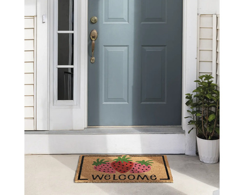 Paillasson avec motif de fraises et inscription de bienvenue devant une porte d'entrée