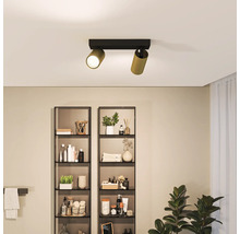 Plafonnier à deux bras dans une salle de bains avec des étagères.