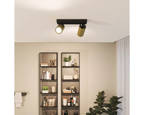 Plafonnier à deux bras dans une salle de bains avec des étagères.