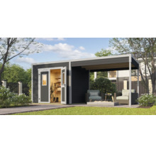 Gartenhaus mit Anbau, offene Tür und Fahrradeinstellung