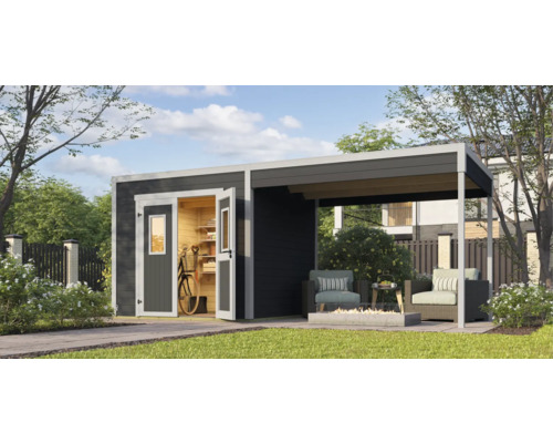 Gartenhaus mit Anbau, offene Tür und Fahrradeinstellung