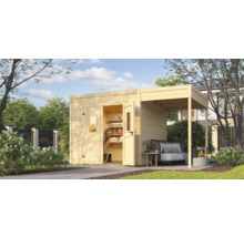 Abri de jardin en bois avec coin salon couvert et étagères