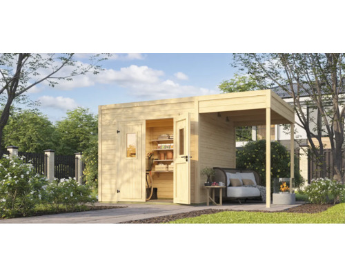 Abri de jardin en bois avec coin salon couvert et étagères