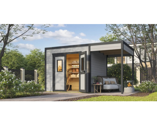 Annexe de toit pour abri de jardin Outdoor Life Felix 2/Fynn 2 150 x 250 cm gris clair Abri de jardin avec porte ouverte et coin salon couvert avec canapé et foyer