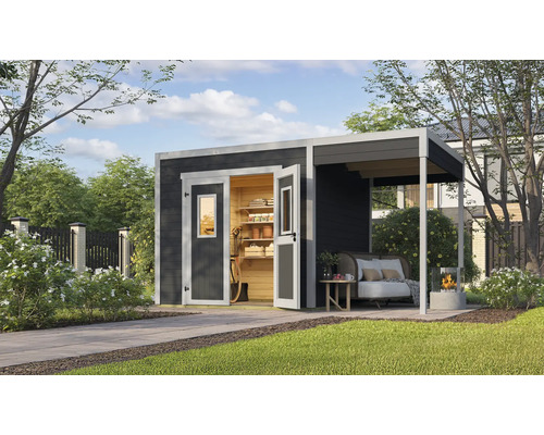 Annexe de toit Abri de jardin Outdoor Life Felix 2/Fynn 2 150 x 250 cm gris-vert Abri de jardin avec annexe et portes ouvertes dans l'espace extérieur