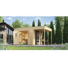 Abri de jardin avec véranda ouverte, étagère de rangement en bois et cheminée dans le jardin