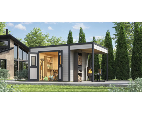 Extension de toit pour abri de jardin Outdoor Life Felix 3/Fynn 3 150 x 300 gris clair Abri de jardin avec remise à outils, étagères, stockage du bois et cheminée extérieure