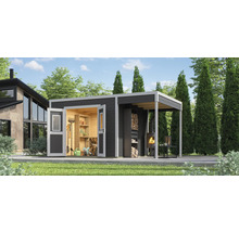 Abri de jardin avec remise à outils, local de stockage du bois et terrasse couverte