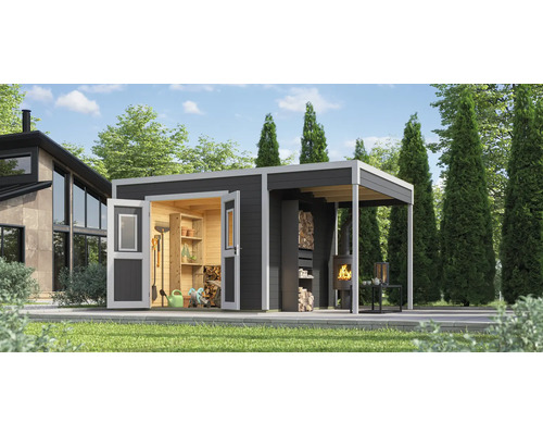 Toit pour abri de jardin Outdoor Life Felix 3/Fynn 3 150 x 300 gris-vert Abri de jardin avec remise à outils, local de stockage du bois et terrasse couverte