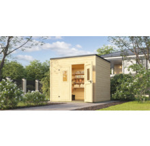 Abri de jardin en bois avec porte ouverte et étagères à l'intérieur