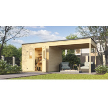 Abri de jardin en bois avec annexe, porte ouverte, vélo et étagères