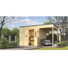 Abri de jardin en bois avec annexe ouverte, aménagement intérieur et mobilier de jardin à l'extérieur