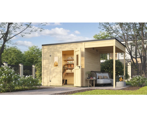 Tôle de gouttière Outdoor Life Felix/Fynn 150 x 250 cm Abri de jardin en bois avec annexe ouverte, aménagement intérieur et mobilier de jardin à l'extérieur